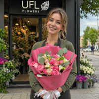 cream rose, white alstroemeria, white freesia, eucalyptus, rose silva pink bubbles, packaging, ribbon