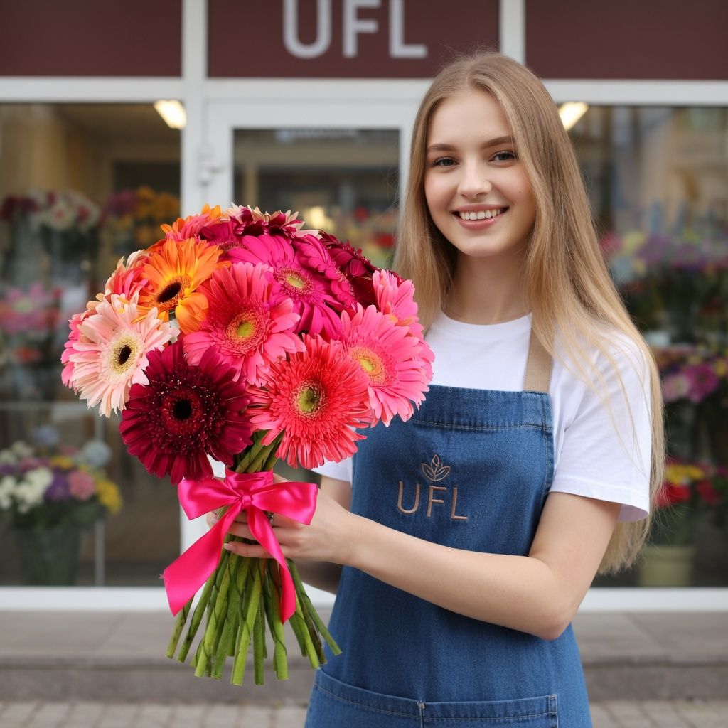 gerbera (21 pcs.), packaging, ribbon