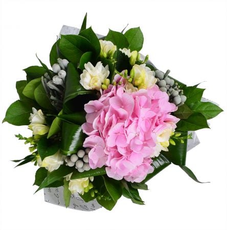 Elegant bouquet with delivery, bouquet made from pink hydrangea and white freesia.