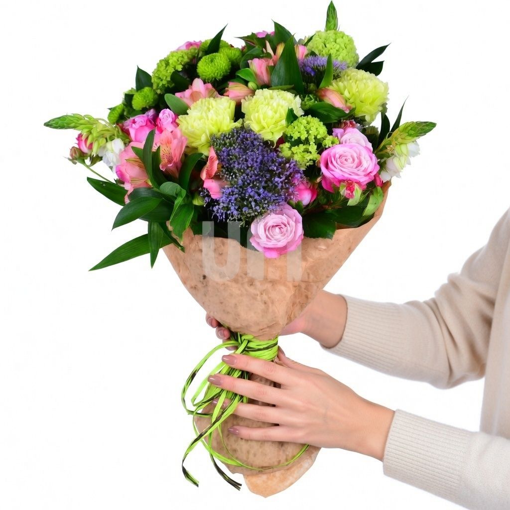 spray roses, alstroemeria, ornithogalum, viburnum, chrysanthemum, carnation, packaging, ribbon