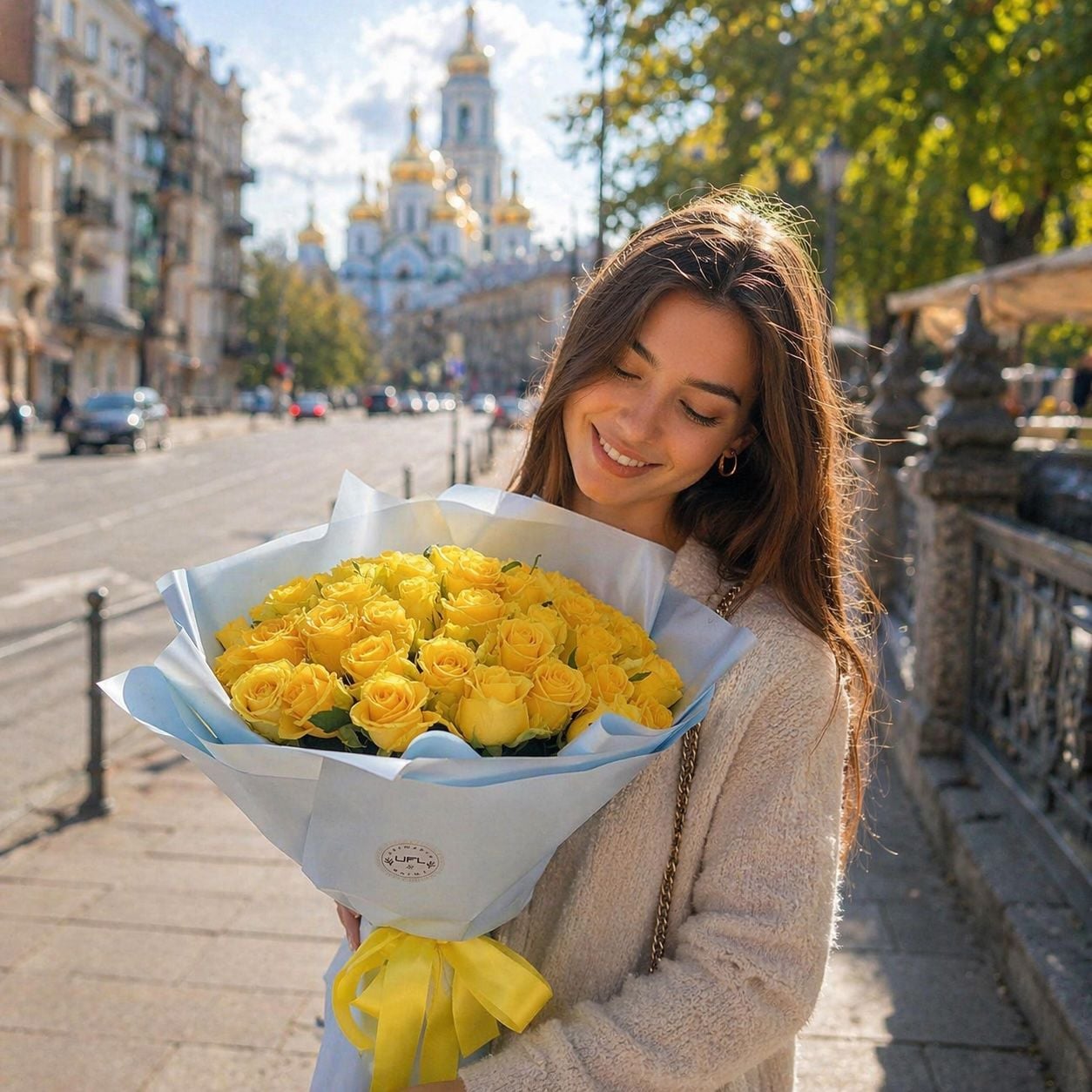 yellow rose (51 pcs.), packaging, ribbon