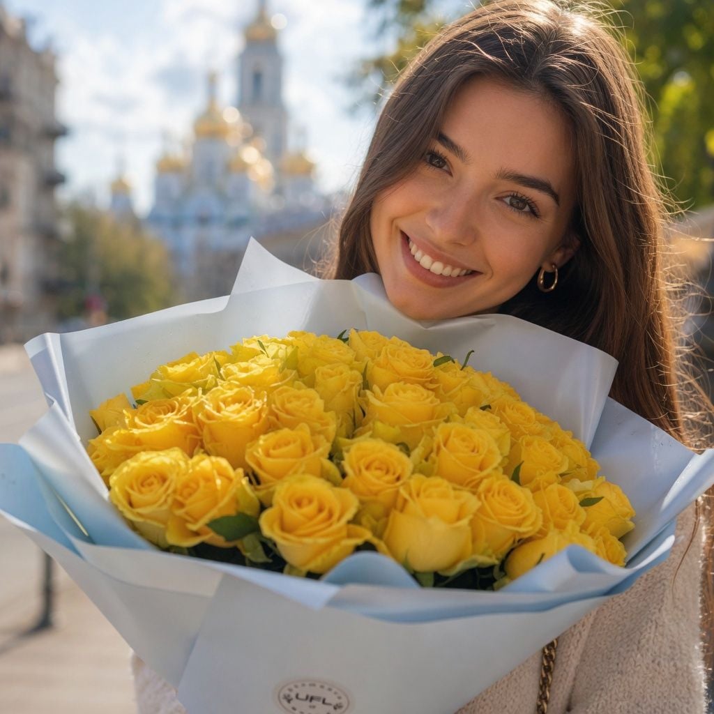 yellow rose (51 pcs.), packaging, ribbon