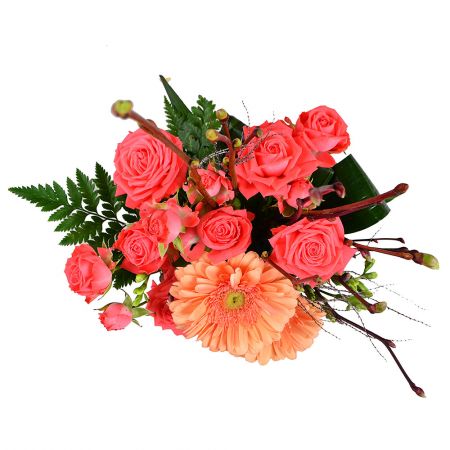 A beautiful bouquet of roses and gerberas 'Summer Sunset' to buy with delivery