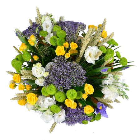Buy original bouquet of roses and irises ''Field with with spikelets''