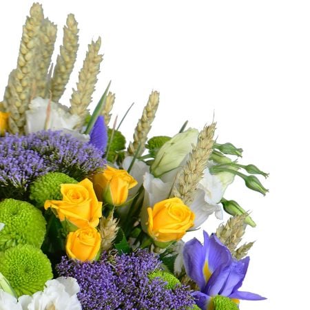 Buy original bouquet of roses and irises ''Field with with spikelets''
