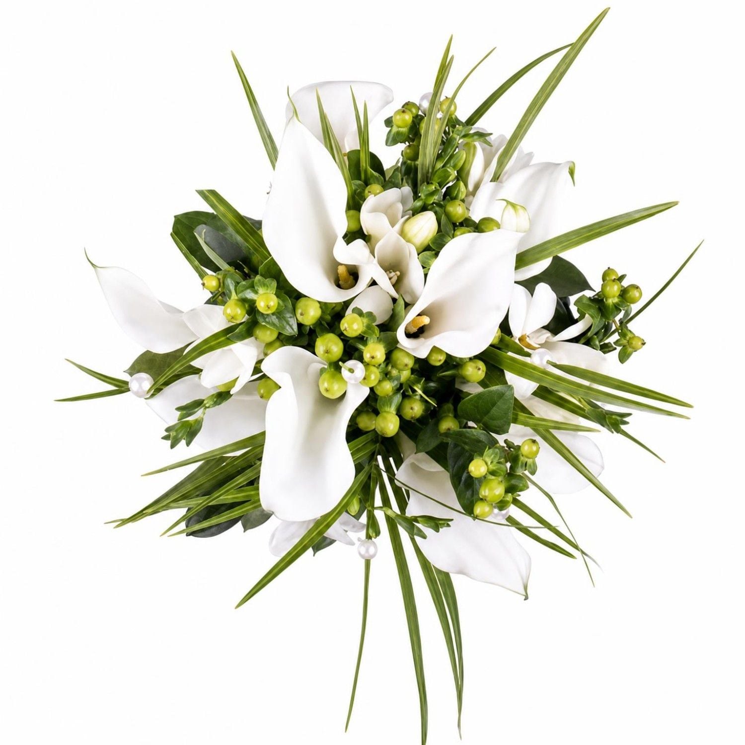 calla (7 pcs.), freesia, bergrass (10 pcs.), decorative elements, hypericum, packaging, ribbon