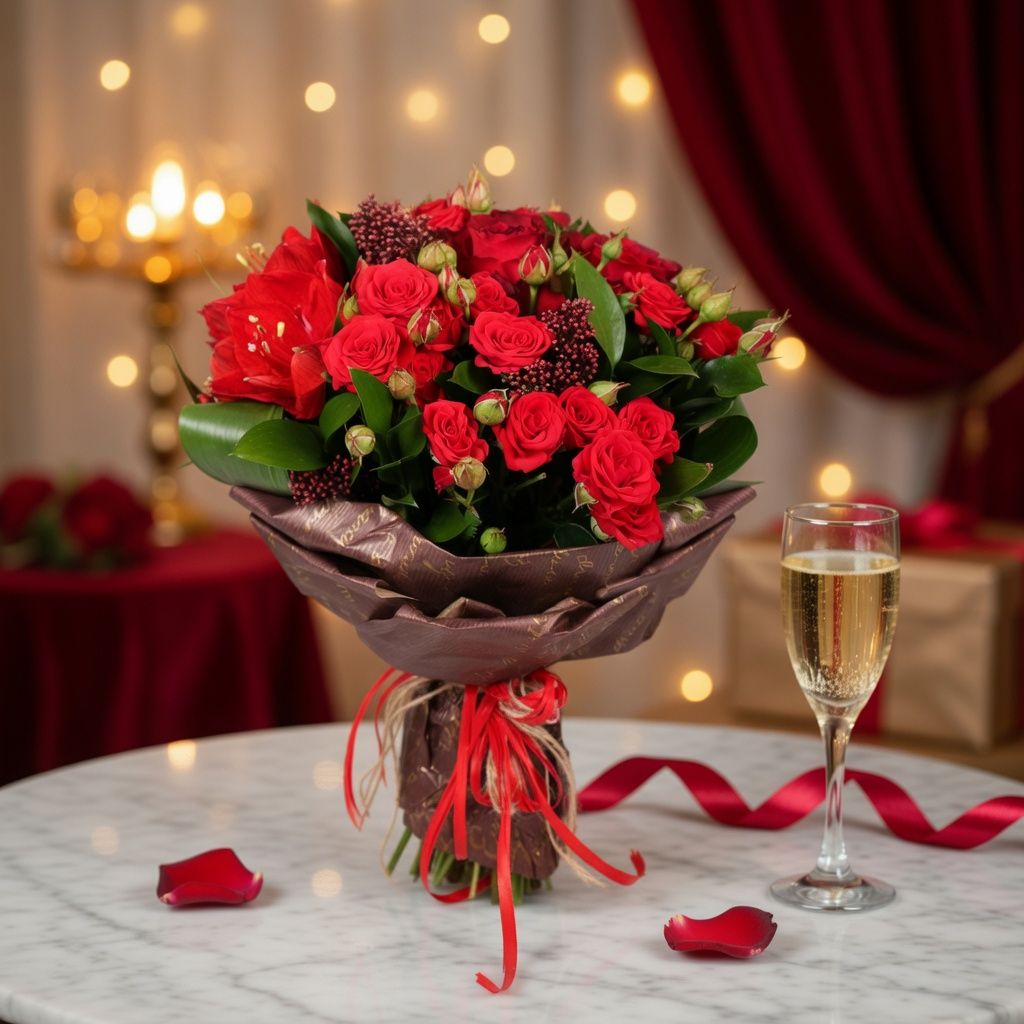 amaryllis, spray rose (4 pcs.), skimmia (3 pcs.), rose (3 pcs.), packaging, ribbon