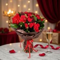 amaryllis, spray rose (4 pcs.), skimmia (3 pcs.), rose (3 pcs.), packaging, ribbon