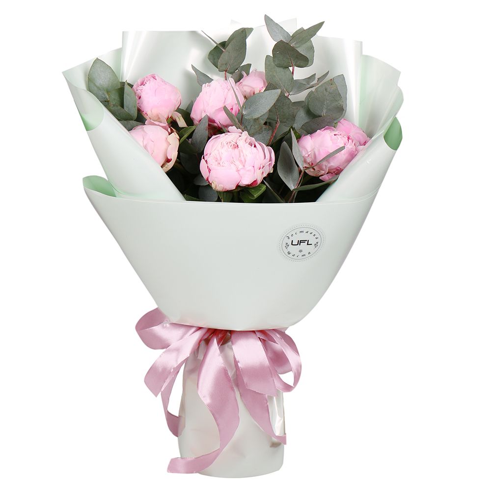 peony, eucalyptus (7 pcs.), packaging, ribbon