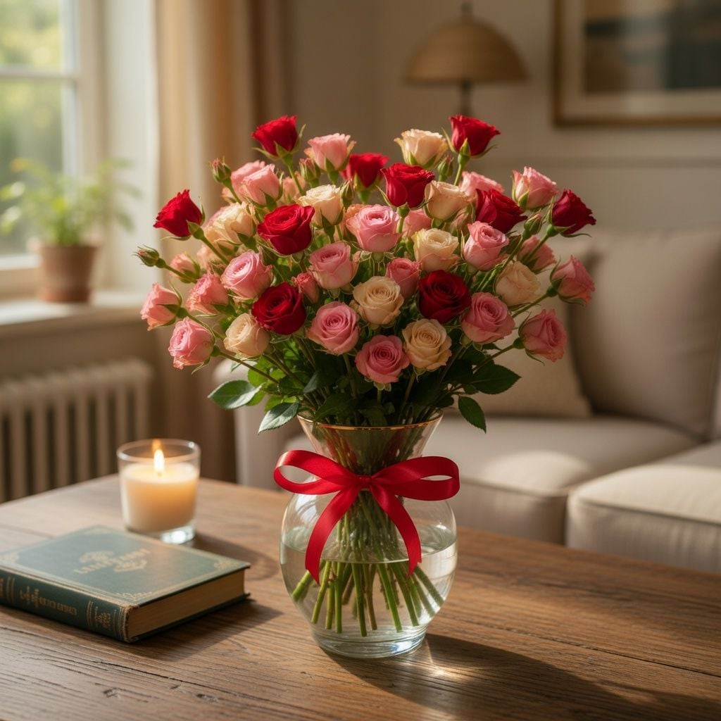 red bush rose, packaging, ribbon