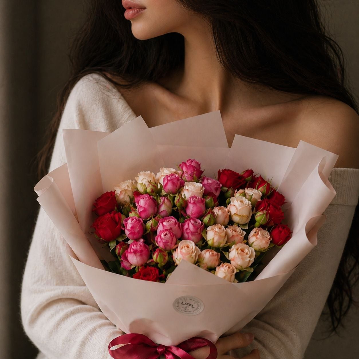 red bush rose, packaging, ribbon