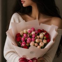 red bush rose, packaging, ribbon