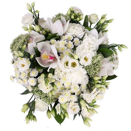 carnation, chrysanthemum, cymbidium, trachelium, eustoma, packaging, ribbon