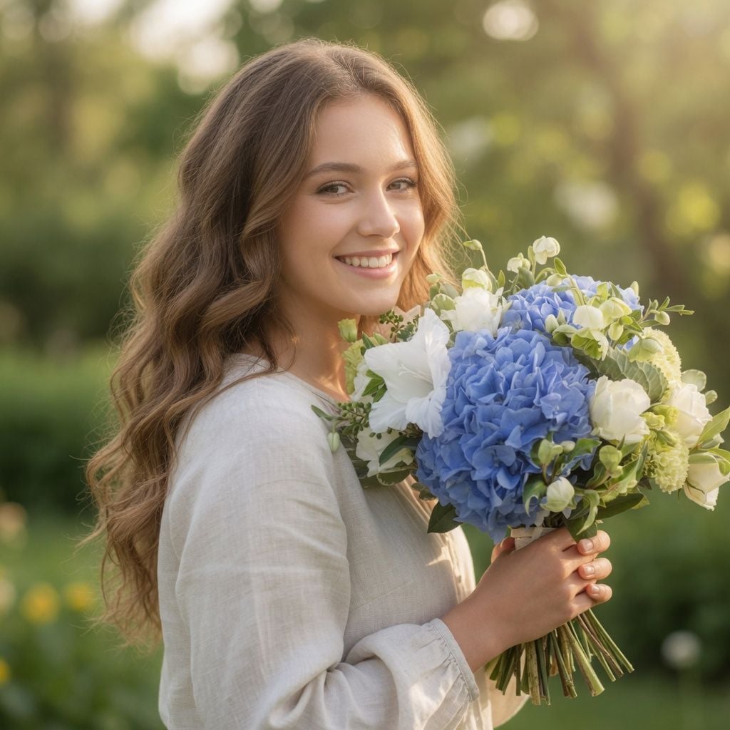 carnation, hydrangea, gladiolus, rose (10 pcs.), eustoma, freesia, packaging, ribbon