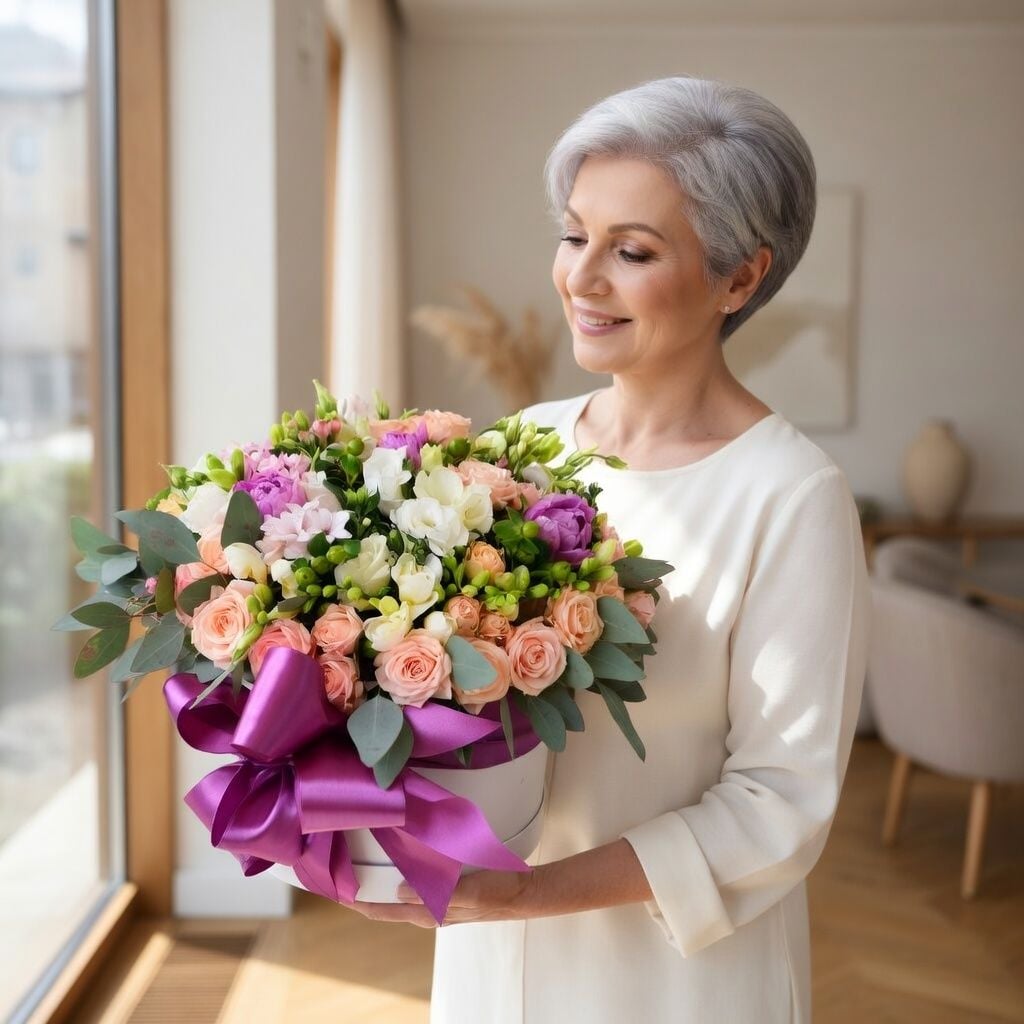 spray rose (10 pcs.), freesia, hyacinth, hypericum, eucalyptus, eustoma, packaging, ribbon