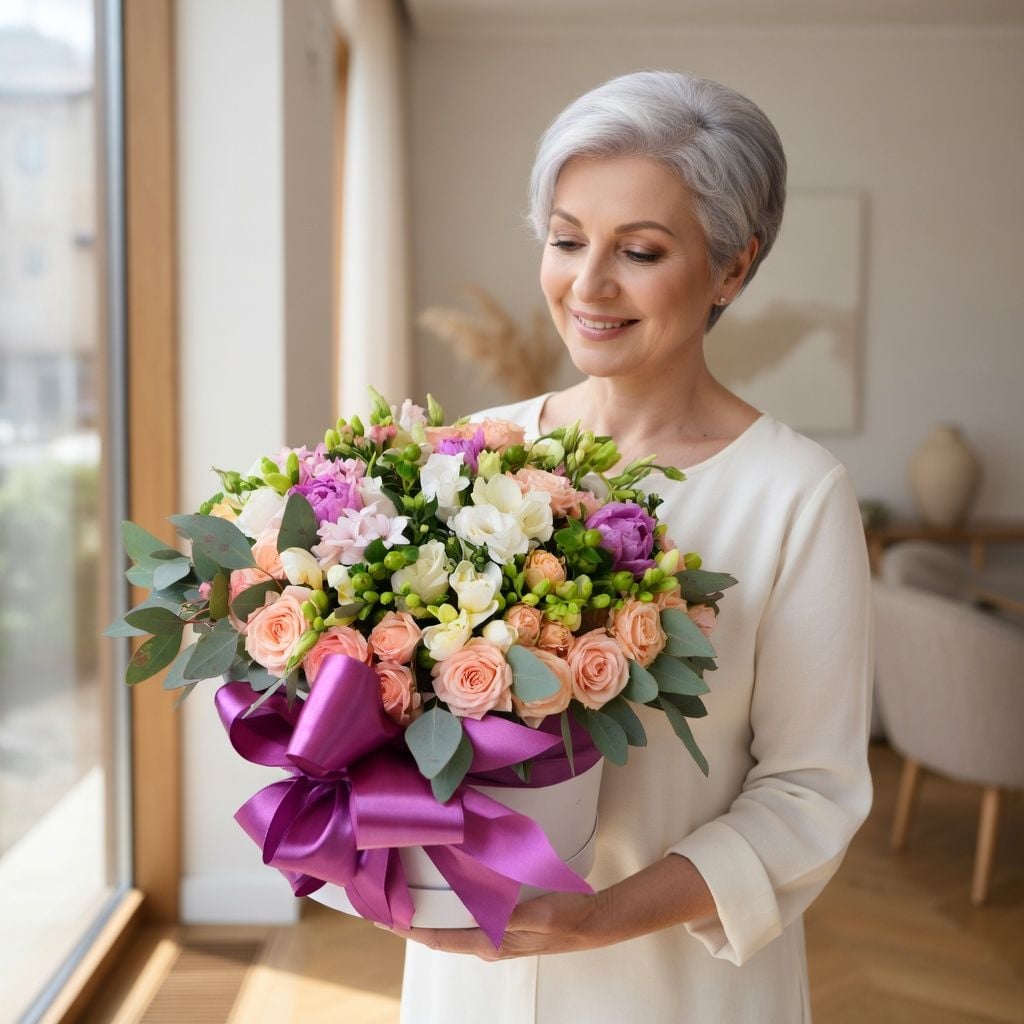 spray rose (10 pcs.), freesia, hyacinth, hypericum, eucalyptus, eustoma, packaging, ribbon