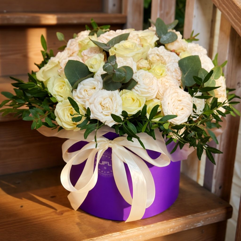 white rose (21 pcs.), cream spray rose (10 pcs.), eucalyptus, decorative elements, oasis, round box, packaging, ribbon