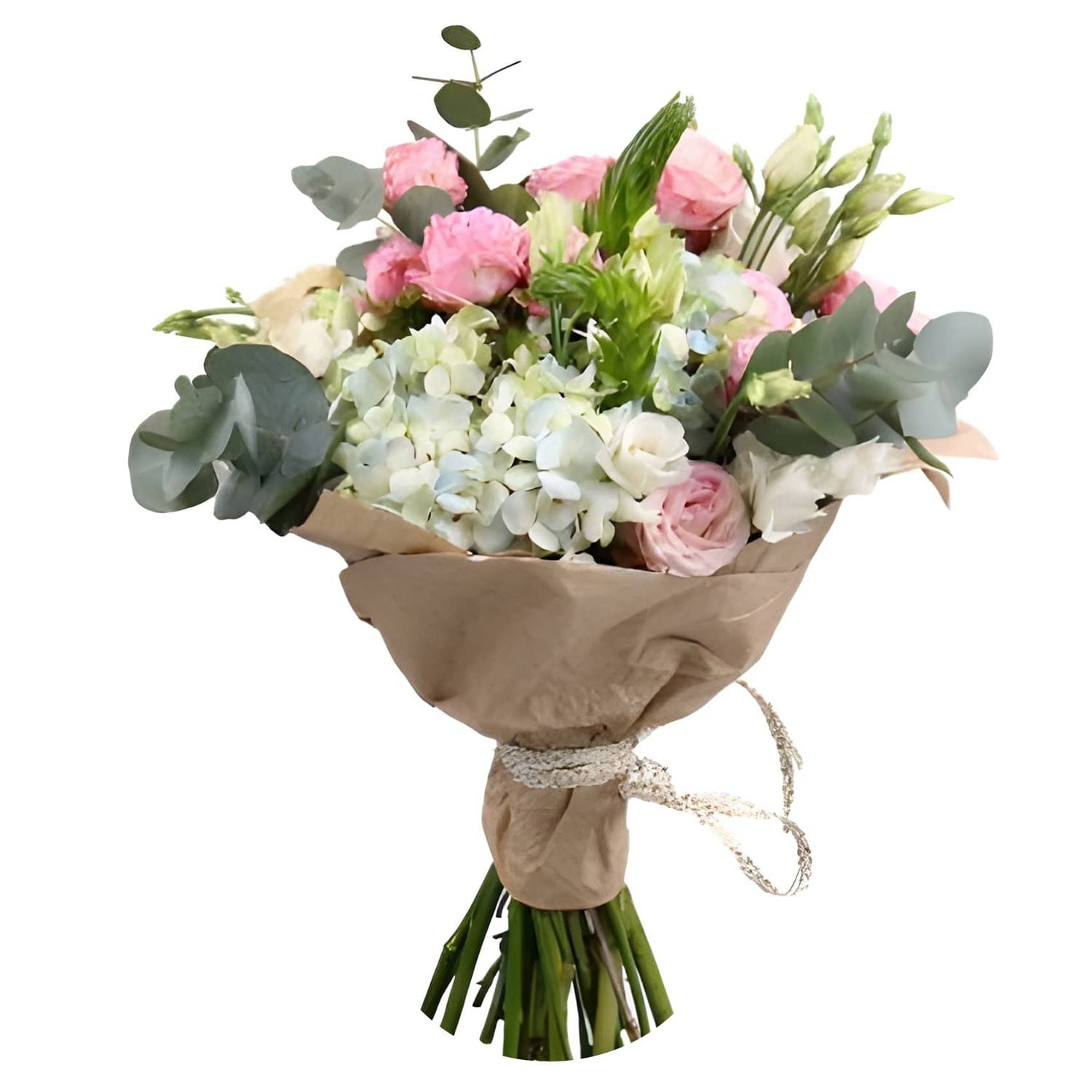 hydrangea, ornithogalum, white eustoma, eucalyptus, pink spray roses (4 pcs.), cream rose, packaging, ribbon
