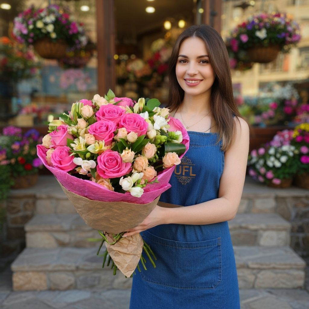 pink rose (11 pcs.), white freesia, white alstroemeria, cream spray rose, packaging, ribbon