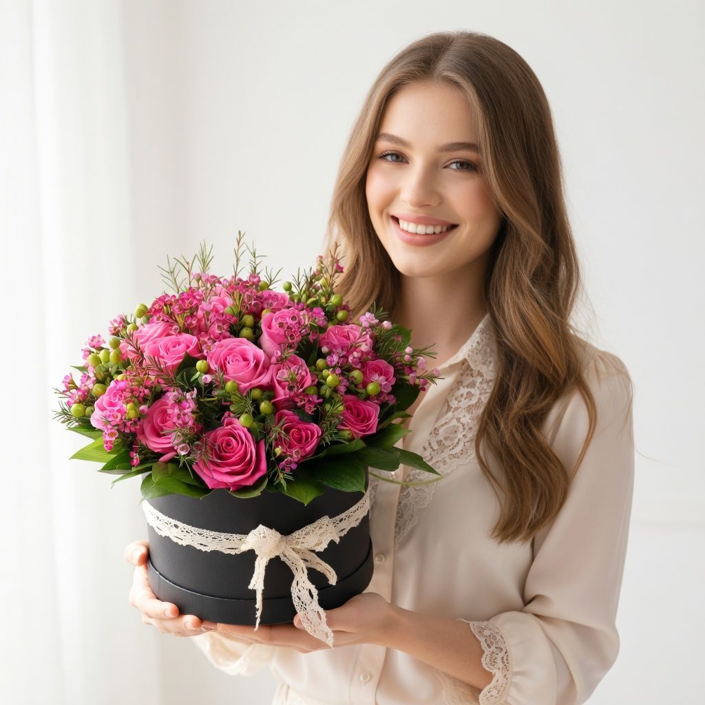 pink rose (21 pcs.), hypericum, chamelacium, round box, packaging, ribbon