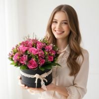 pink rose (21 pcs.), hypericum, chamelacium, round box, packaging, ribbon