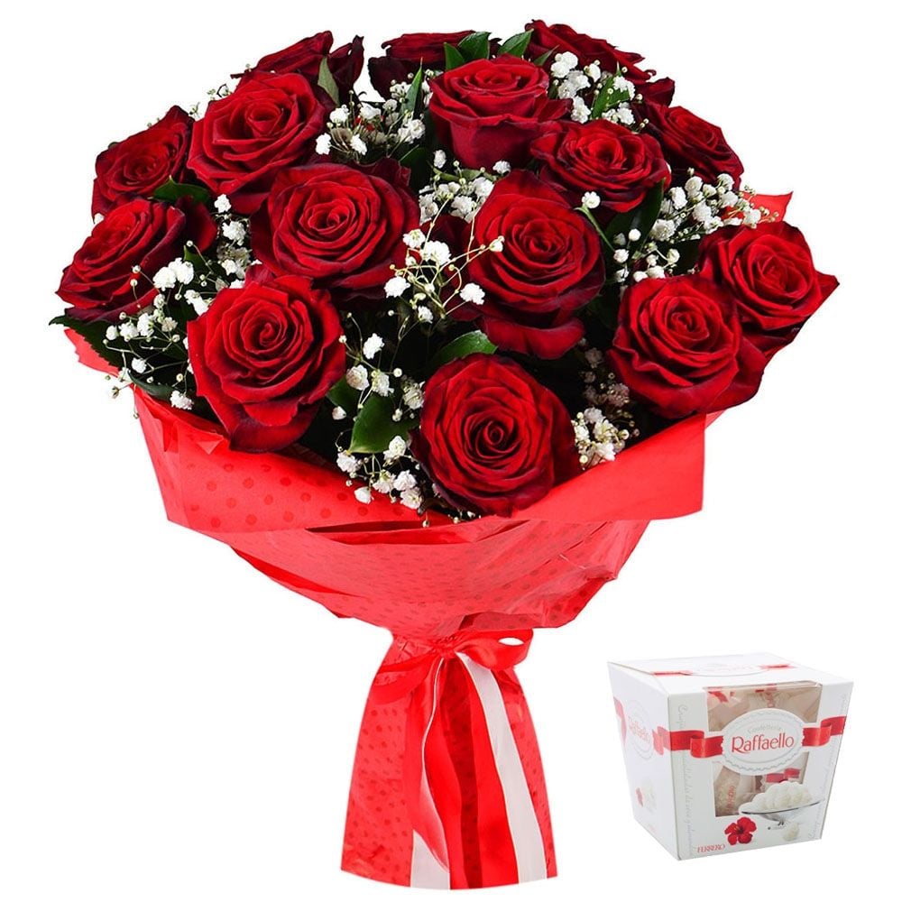 gypsophila, raffaello candies 150 g, rose (15 pcs.), packaging, ribbon