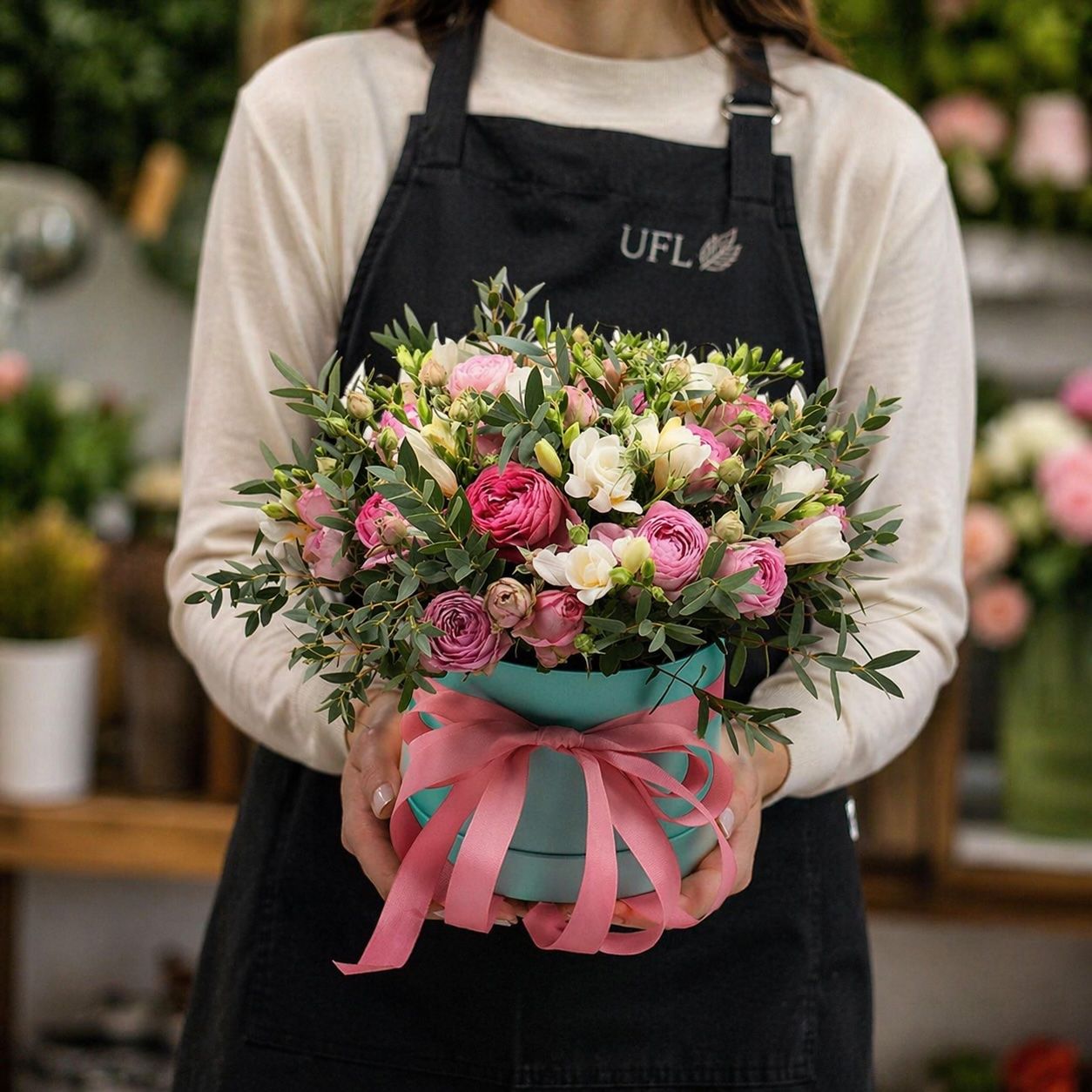 lavender spray rose (9 pcs.), white freesia (9 pcs.), eucalyptus, oasis, box, packaging, ribbon