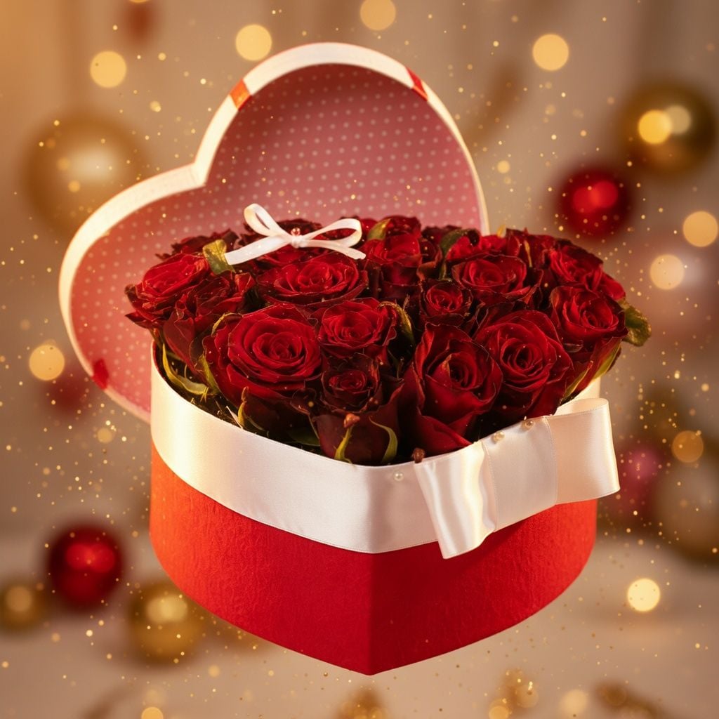 rose (19 pcs.), oasis, heart-shaped box, decorative heart (2 pcs.), packaging, ribbon