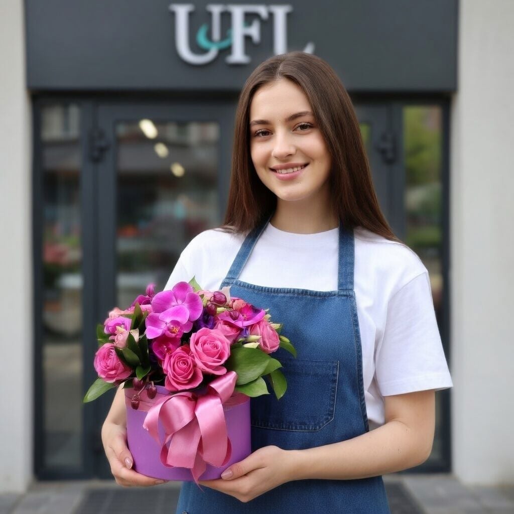 oasis, lavender bush rose, phalaenopsis orchid in a pot 2 branches, pink rose (7 pcs.), large round box, violet eustoma, packaging, ribbon