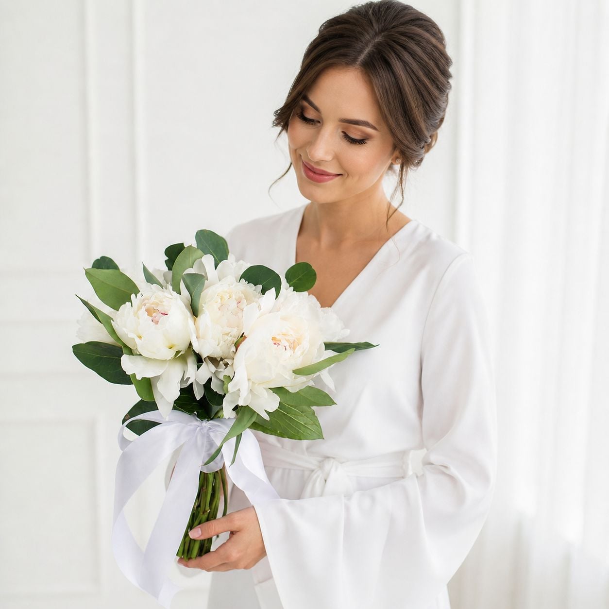peony (9 pcs.), eucalyptus, packaging, ribbon