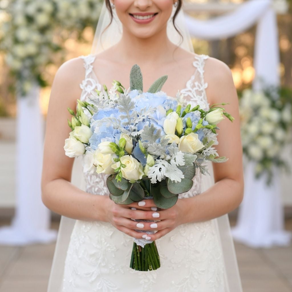 cineraria, hydrangea, eucalyptus, eustoma, freesia, rose (7 pcs.), packaging, ribbon