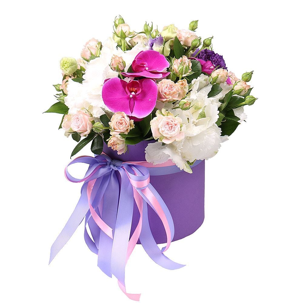 white hydrangea, oasis, phalaenopsis orchids (3 pcs.), cream spray rose (7 pcs.), round box m 20x21cm, lilac eustoma, packaging, ribbon