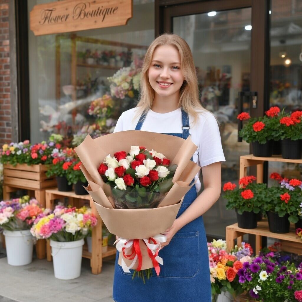 red rose El Toro (13 pcs.), white rose (12 pcs.), packaging, ribbon