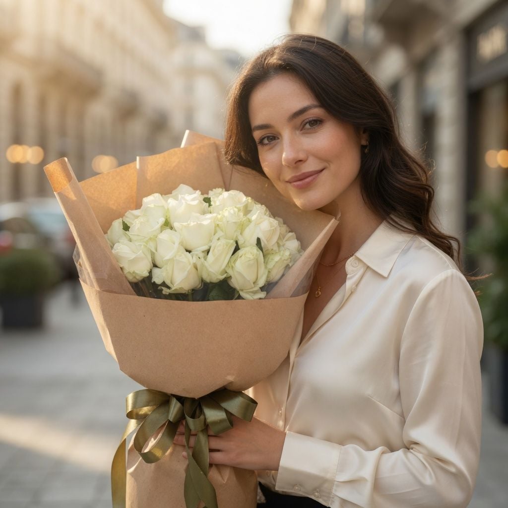 white rose (25 pcs.), packaging, ribbon