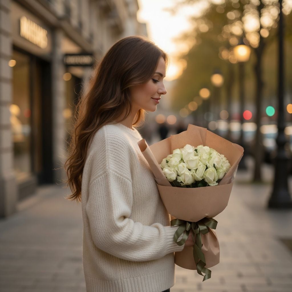 white rose (25 pcs.), packaging, ribbon