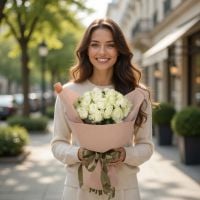 white rose (25 pcs.), packaging, ribbon