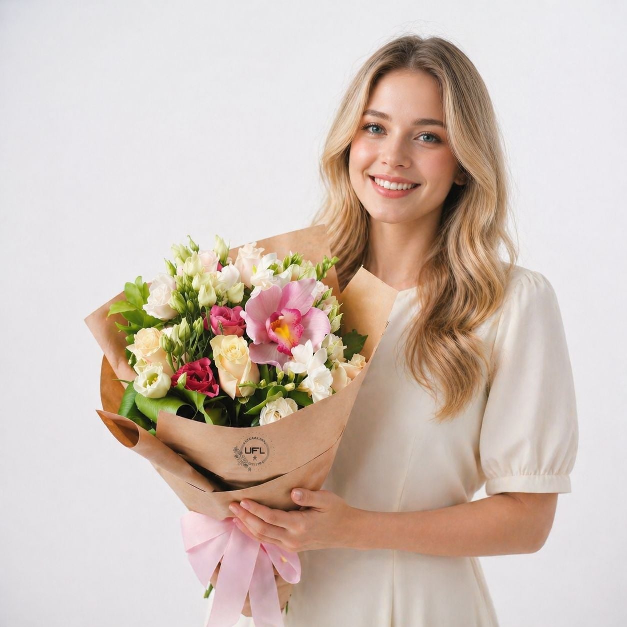 cream rose, white freesia, white eustoma, pink eustoma, pink cymbidium, packaging, ribbon