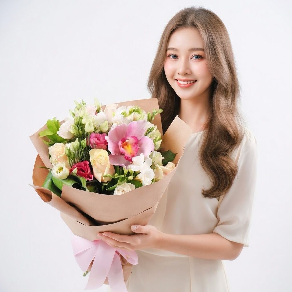 cream rose, white freesia, white eustoma, pink eustoma, pink cymbidium, packaging, ribbon