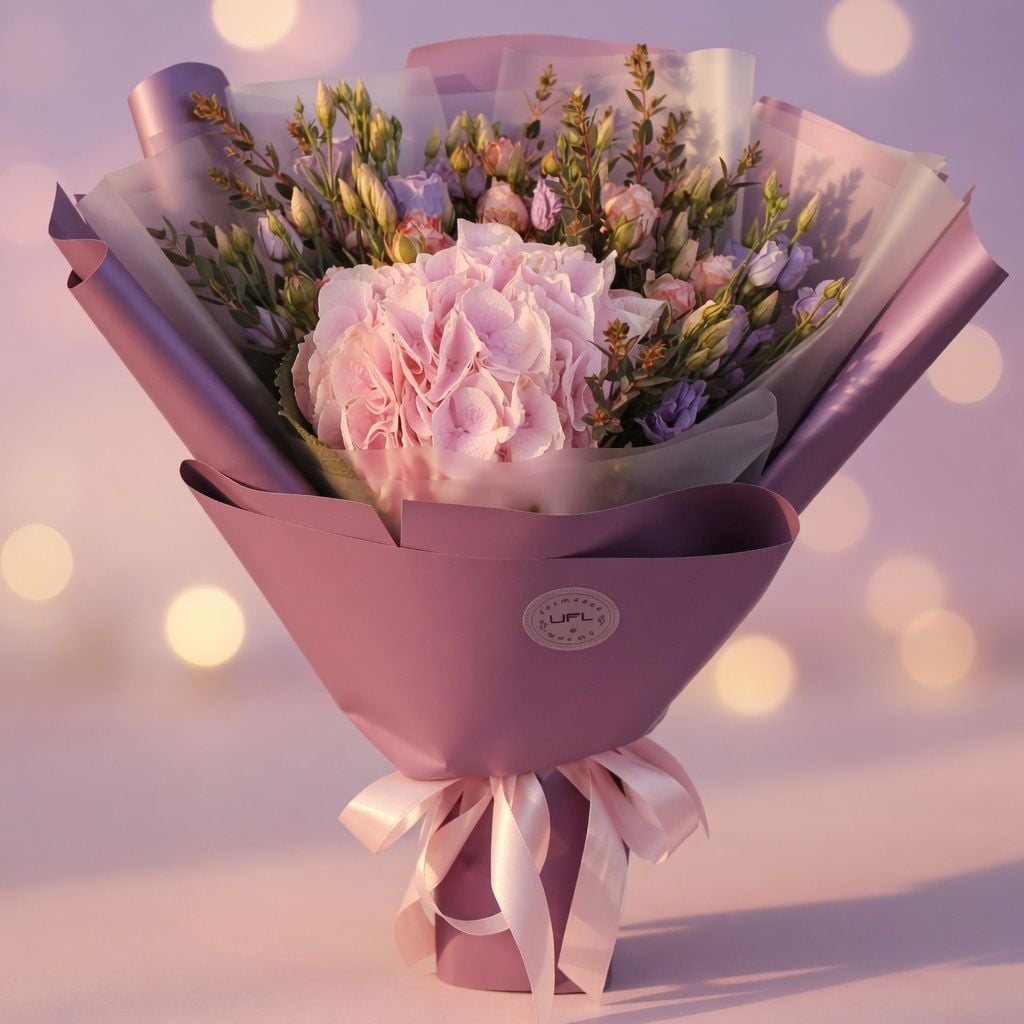 pink hydrangea, eucalyptus, lilac eustoma (5 pcs.), cream spray rose, packaging, ribbon