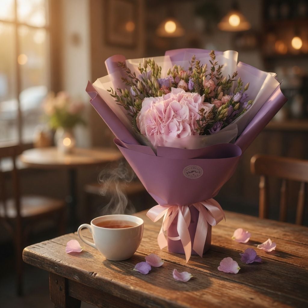 pink hydrangea, eucalyptus, lilac eustoma (5 pcs.), cream spray rose, packaging, ribbon