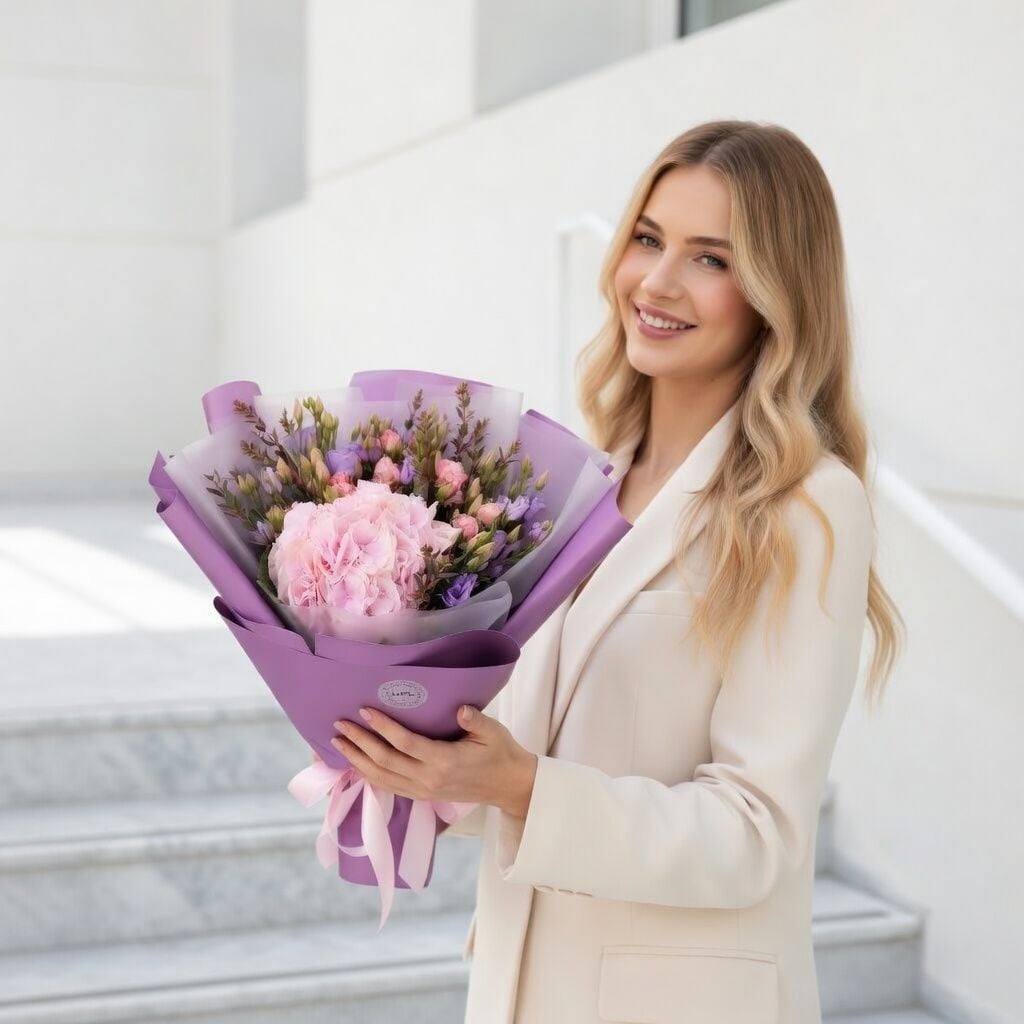 pink hydrangea, eucalyptus, lilac eustoma (5 pcs.), cream spray rose, packaging, ribbon