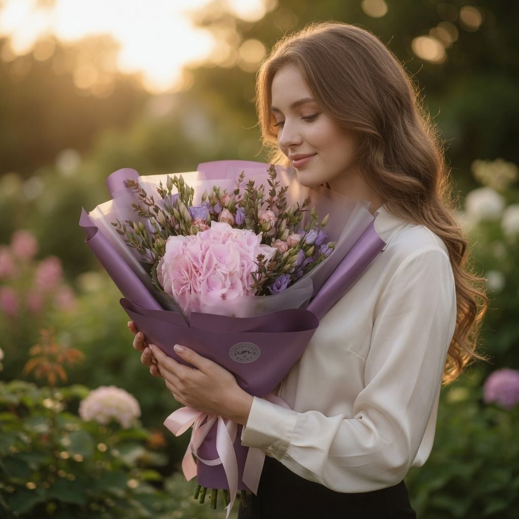 pink hydrangea, eucalyptus, lilac eustoma (5 pcs.), cream spray rose, packaging, ribbon