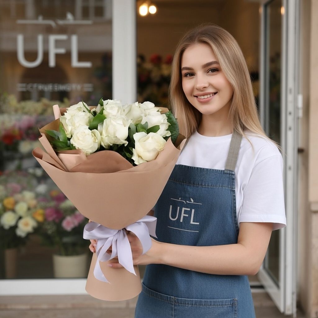 white rose (11 pcs.), packaging, ribbon