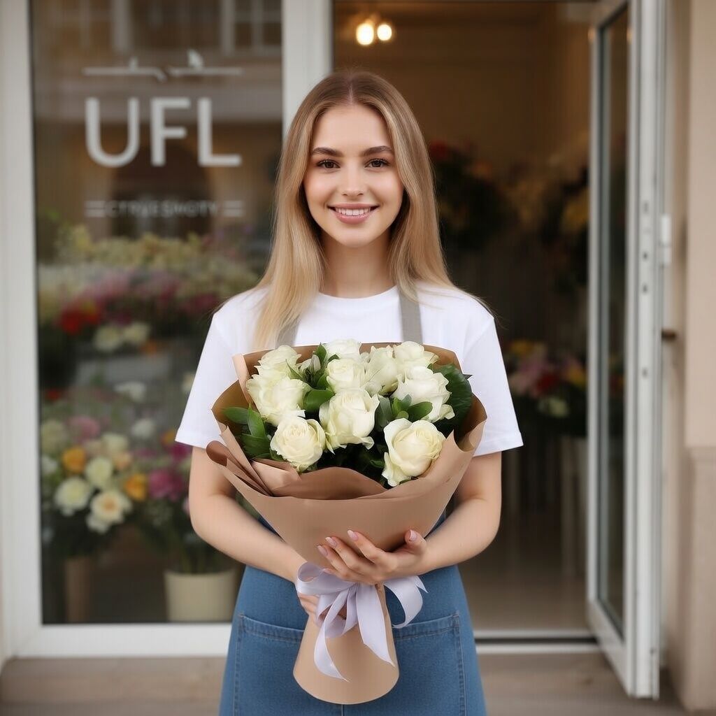 white rose (11 pcs.), packaging, ribbon