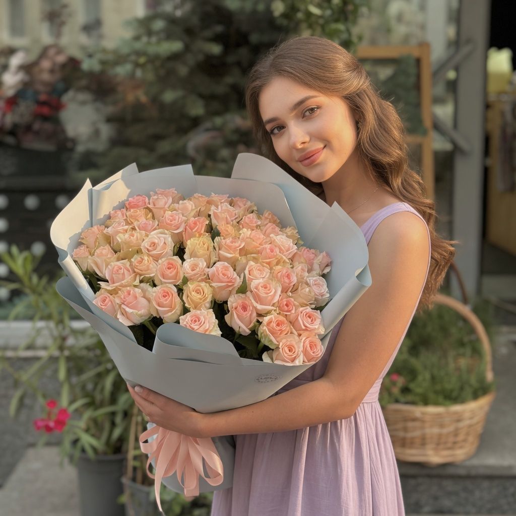 cream rose kimberly (51 pcs.), packaging, ribbon