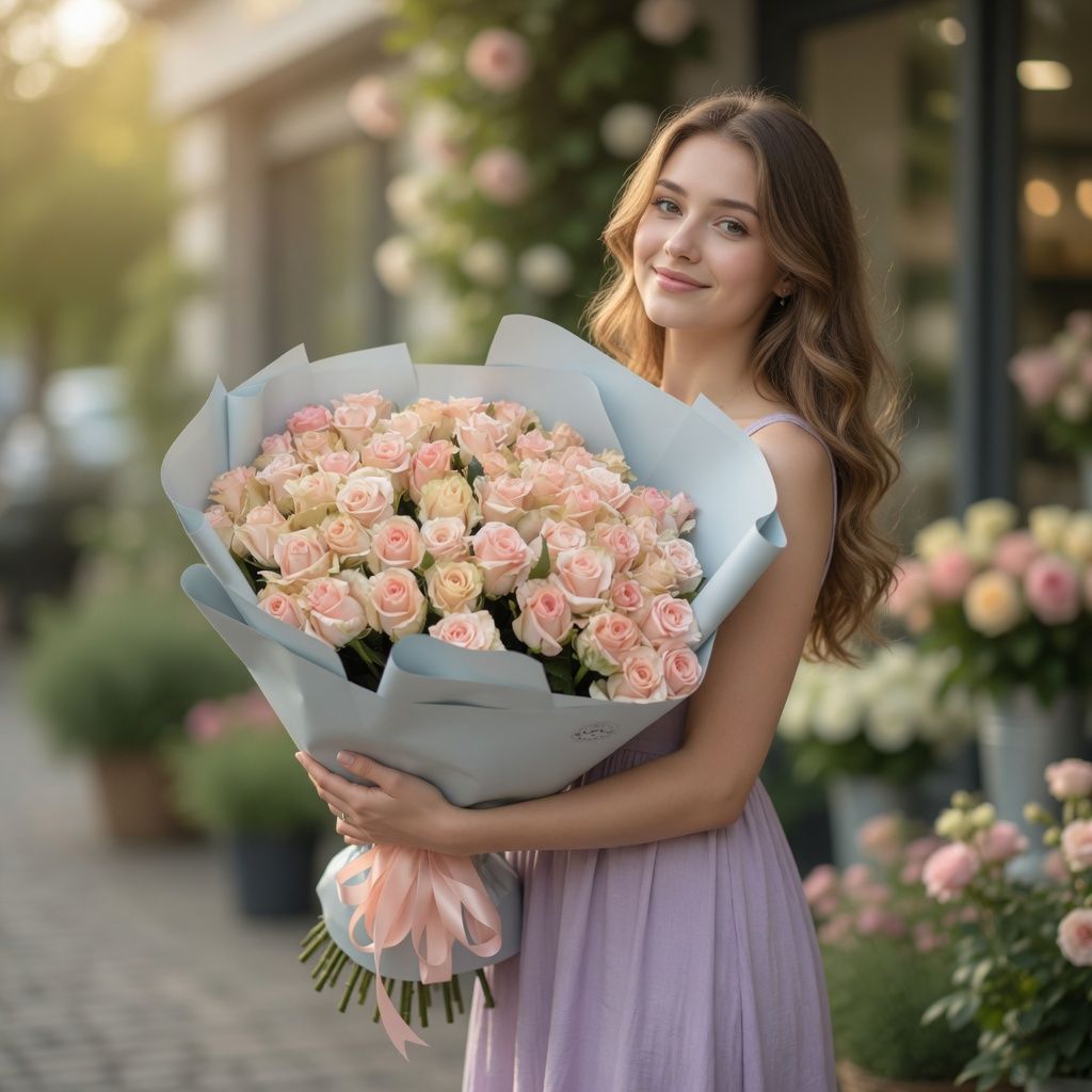 cream rose kimberly (51 pcs.), packaging, ribbon