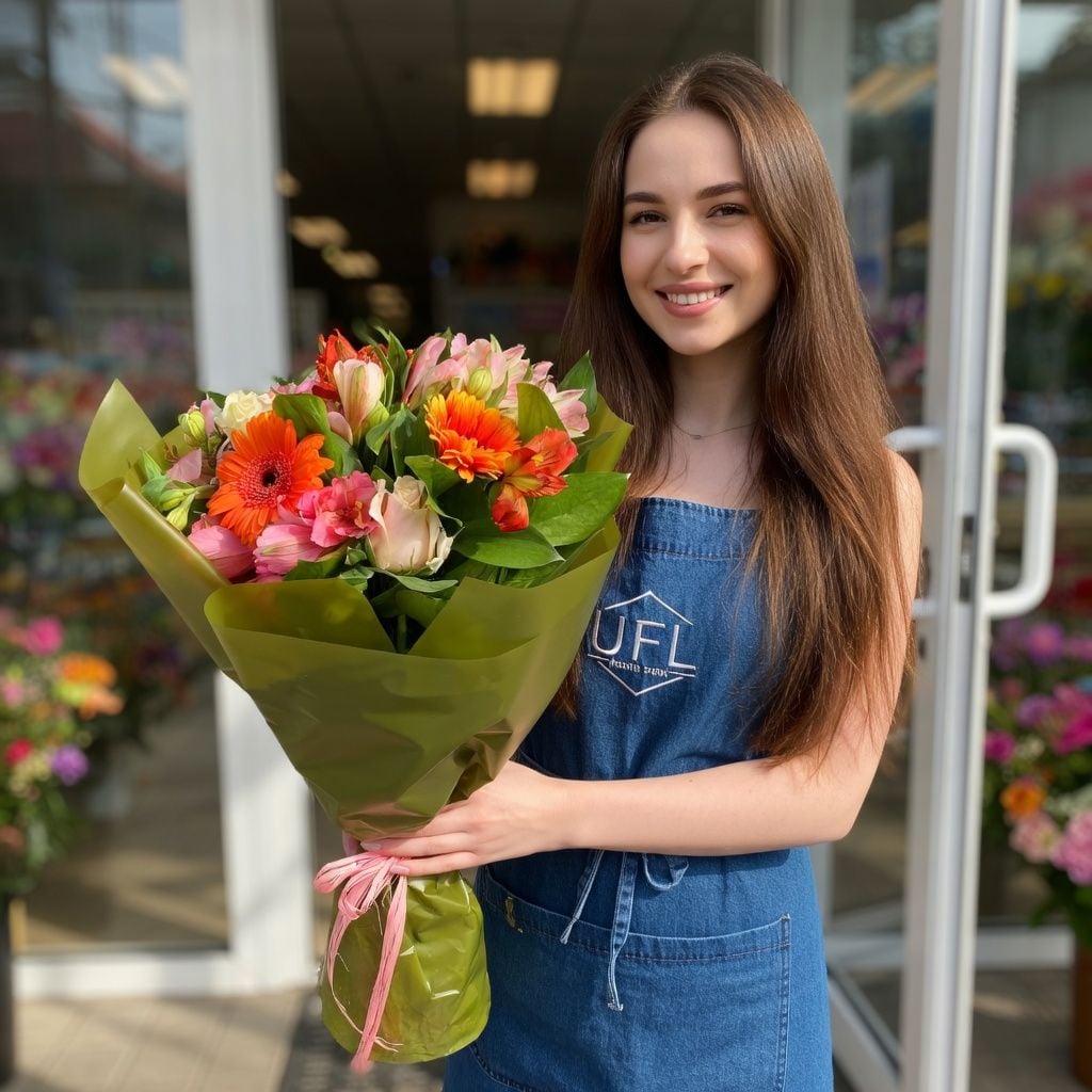 alstroemeria, cream rose, gerbera, packaging, ribbon