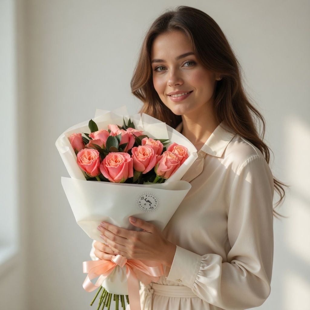 coral rose (11 pcs.), ruscus, packaging, ribbon