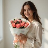 coral rose (11 pcs.), ruscus, packaging, ribbon