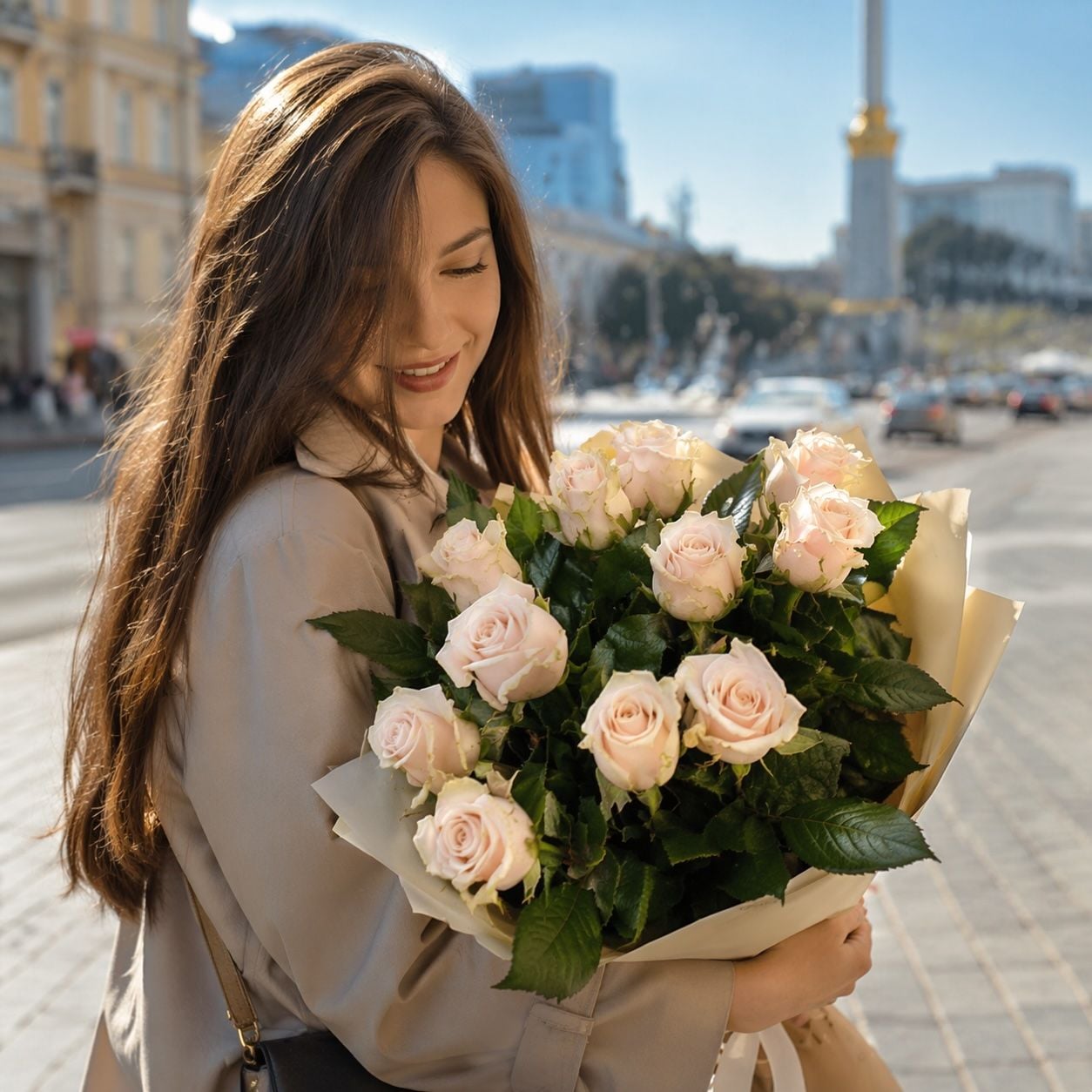 cream rose (11 pcs.), packaging, ribbon